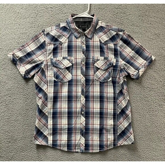 INC Shirt Mens XL Blue Red Short Sleeve Plaid Button Up Cotton - Picture 1 of 8